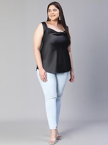 Image of oxolloxo Women Solid Sleeveless Shoulder Strap Cowl Neck Plus Size Satin Top