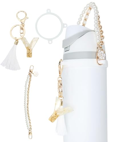 TOVICE Letter Accessories for Owala Water Bottle 24-40oz, 3PC Cute Initial Keychain & Water Bottle Handle Strap with a Thick Elastic Silicone Ring Holder (White, Y)