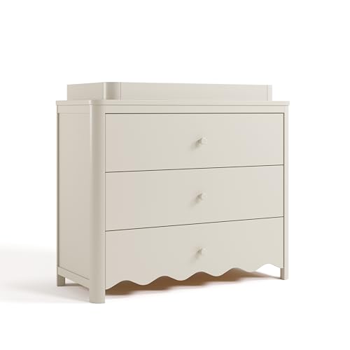 Storkcraft Casablanca 3 Drawer Chest with Changing Topper, Frosted Oat | GREENGUARD Gold Certified Wood Dresser for Nursery &amp; Kids Bedroom, Safety Interlocking Drawer System, Removable Topper