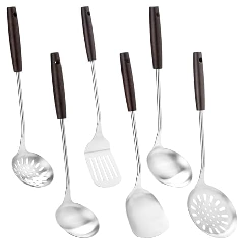 FJNATINH Cooking Utensils Set with Wood Handle, 6 PCS Wok Utensils Tools - Wok Accessories Cookware Set Cover