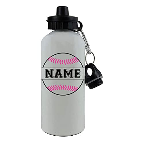 Personalized Custom Add your Name - Baseball/Softball Aluminum White Finish 20 Ounce Sports Sport Team Water Bottle, 2 Lids Customizable (Hot Pink)