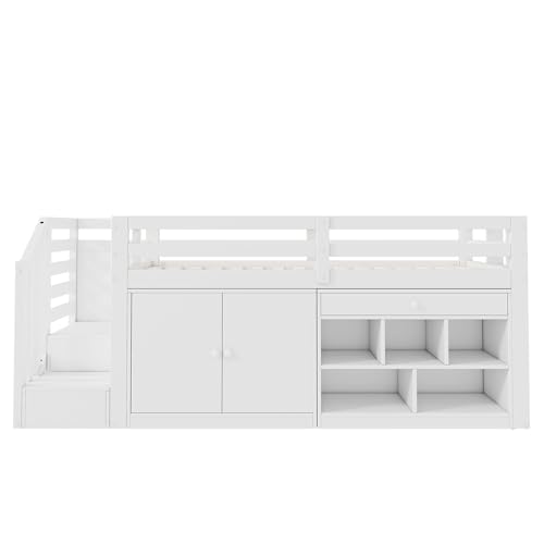 Kinderbett 90x200 Einzelbett, Hochbett mit Stauschrank, Schreibtisch und Treppe, Regal & Schubladen & Schließfach, Holzbett Stauraumbett Funktionsbett Jugendhochbett mit Lattenrost,Ohne Matratze,Weiß