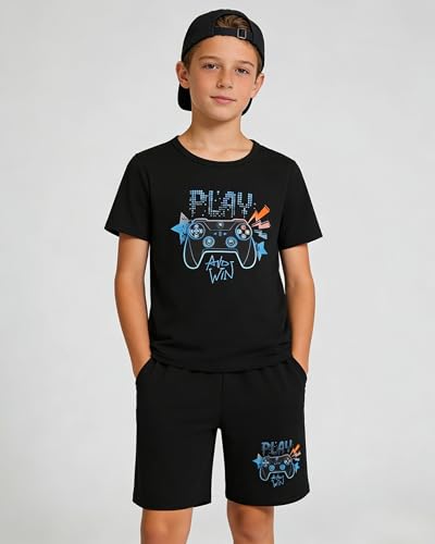 Image of Cakaner Tween Boys Summer Clothes 2 Piece Short Sleeve Graphic T-Shirt and Shorts Casual Outfit Set Size 7-14