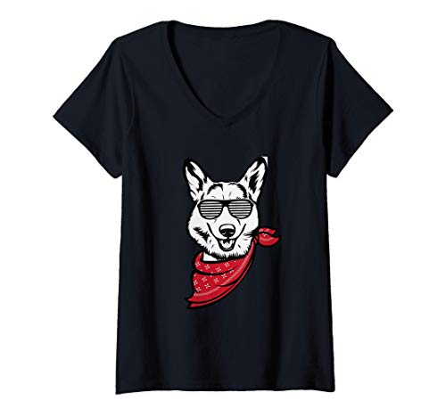 Mujer Corgi Face Shutter Glasses Gift Camiseta Cuello V