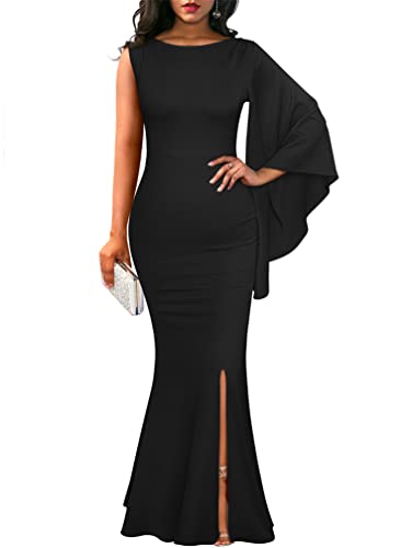 YMDUCH Women's Elegant One Bell Sleeve Side Split Long Paty Mermaid Formal Dress