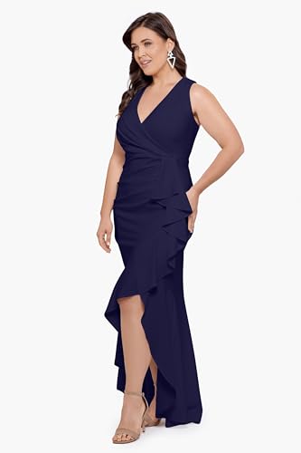 Image of Betsy & Adam Women's V-Neck Hi Low Sleeveless Floor Length Cascade Dress with Draped Ruffle
