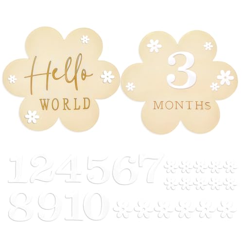 Meilensteinkarten Baby Monatliche Meilenstein Karten DIY Blumen Monatskarten Baby Holz 0-12 Monaten Schwangerschaft Deko für Babyfoto und Kinderzimmer Babyparty Wachstumsaufzeichnung, Blütenform