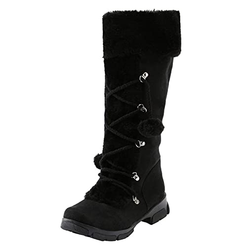 Womens Winter Snow Boots Furry Comfortable Combat Boots Lace Up with Cute Pom Pom Ball Knee High Boots