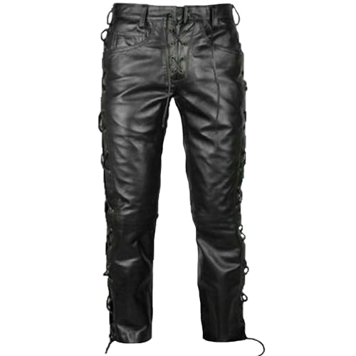 Generic Men's Black Cowhide Leather Biker Pants with Lace-Up Closure and Side Laces