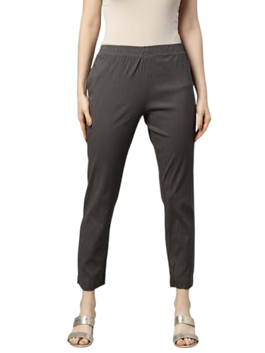 Image of MINELLI Women Solid Cigar Pants, Cotton Lycra Slub Fabric, Elasticated Waistband, Pull On Style, Regular Fit Bottom Wear for Western and Ethnic Wear
