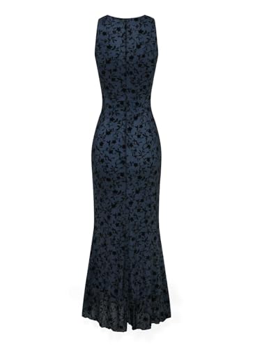 Rosegalette Women's Retro Elegant Botanical Floral Print Mesh Midi Dress Sexy Deep V Neck Bodycon Slim Fit Gown, Deep Blue, M — view 5