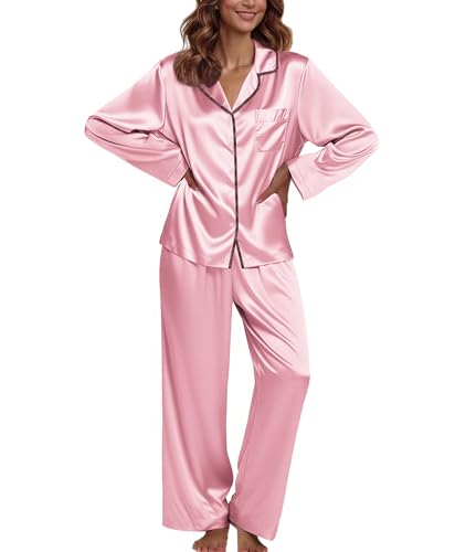 Image of Ekouaer Pajamas For Women Set Silk Pjs 2 Piece Satin Sleepwear Long Sleeve Button Down Lounge Sets With Pant