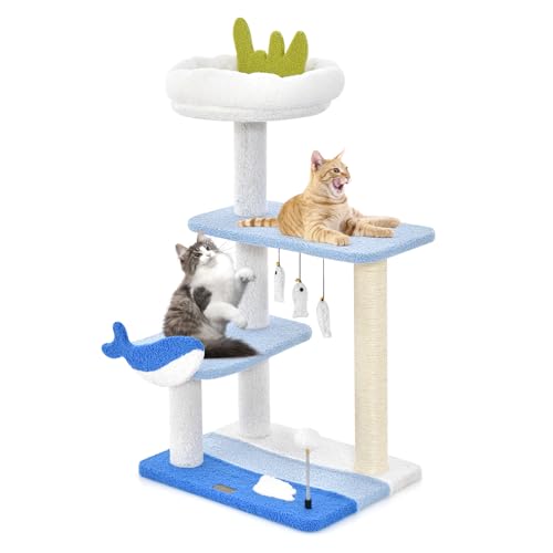 PETSITE Ocean-Themed Cat Tree for Indoor Cats, Multi-Level Cat Tower with Natural Sisal Scratching Posts, Hanging Toys and Padded Top Perch, Modern Cat Tree for Large Cats 20 lbs Heavy Duty (34