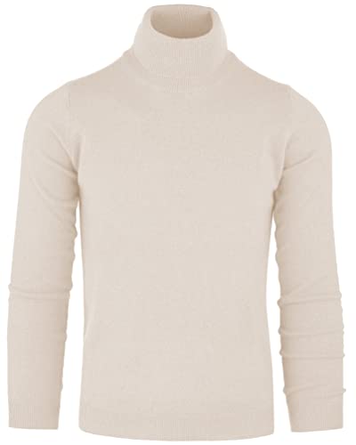 Cashmere Zone - Jersey de Cuello Alto para Hombre 30% Cachemira Pura 70% Lana Pura Suéter de Manga Larga Suave, Esponjoso y cálido (M, Crema)