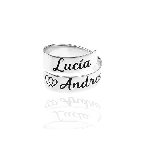 Anillo ajustable personalizado con Nombres + Corazon en plata de ley 925 | Joya grabada para mujer | Regalo único de amor, amistad o familia. Modelo Corazón