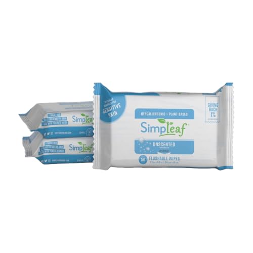Image of Simpleaf Flushable Wet Wipes Unscented | Plastic Free, Paraben & Alcohol Free | Hypoallergenic & Safe for Sensitive Skin | Soothing Aloe Formula | Adult Toilet Wipes (3 x 50 Counts Pack) 150 Counts