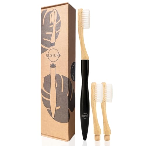 Sustuff | 3 Bamboo Toothbrushes with Medium Plant-Based Bristles | Reusable, Recycled and Plastic-Free Handle (Eclipse Black) Travel Toothbrush