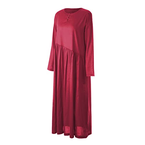 mewmewcat Camisa feminina Vestido feminino de algodão linho botões O pescoço de manga longa bolsos d