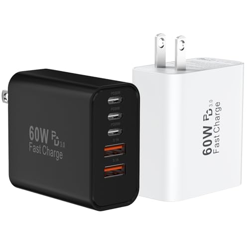 Image of USB C Fast Wall Charger Block, 2Pack 60W USBC Charging Cubes, 5-Port PD+QC Power Adapter Multiport Brick Type C Box Plug for Phone 17 /16 /15 /14 /13 /12 /11 /Pro Max /Plus, Pad Mini /Pro /S25 /S24-White+Black
