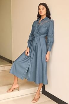 Lipsy London Women's Lipsy Lace Detail Long Sleeve Midi Shirt Dress With  Tie Belt - 6, Blue: Buy Online at Best Price in Egypt