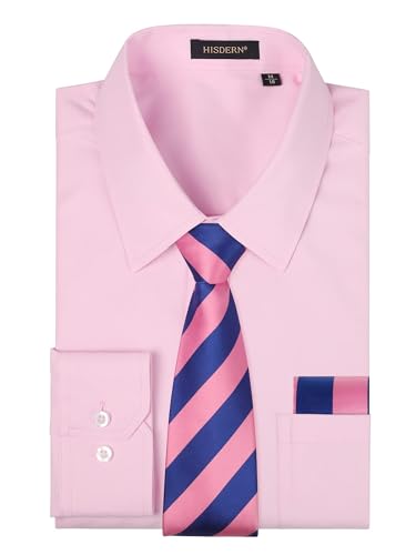 HISDERN Men's Pink Shirts Long Sleeve Smart Formal Plain Dress Shirt and Tie Set Business Casual Wedding Regular Fit L