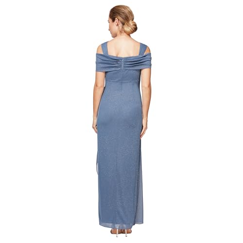 Image of Alex Evenings Women's Long Cold Shoulder Dress, Mother of The Bride, Formal Events, Dusty Blue Glitter, 12 Petite
