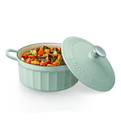 Buydeem CP521 3 Quart Dutch Oven, Enameled Cast Iron Dutch Oven with Stylish Cupcake Design, Round French Oven, Perfect for Bread Baking and Serving, Cozy Greenish