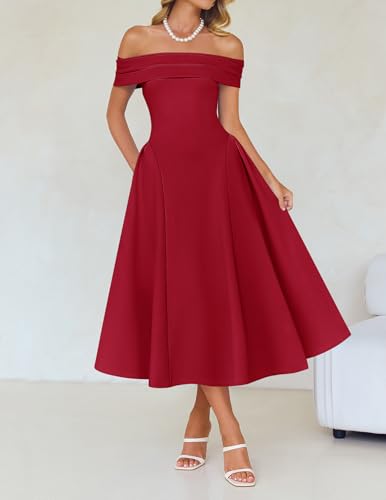 Image of ZESICA Summer 2026 Cocktail Dresses for Women's Off Shoulder Short Sleeve Swing A Line Wedding Evening Party Midi Dress