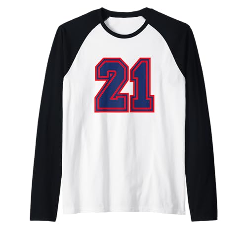 Número 21 Deporte Azul Rojo Número universitario Camiseta Manga Raglan