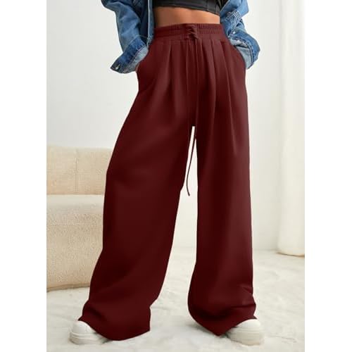 Aleumdr Women's Casual Loose Wide Leg High Waist Drawstring Comfy Sweatpants Sports Athletic Pants with Pockets Red Large