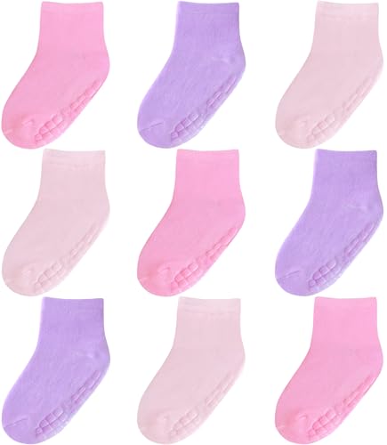 Image of Baby Mid-Crew Socks with Grips (9 Pairs) for 0-7 Years Old Toddler Boy Girl Kids