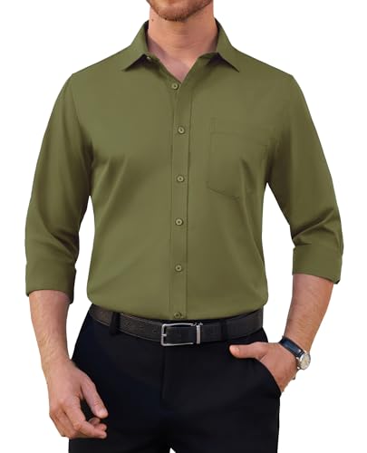 siliteelon Mens Shirts Long Sleeve Stretch Olive Green Business Dress Wrinkle Free Regular Fit Formal Shirt Casual Wedding Party Pocket Shirts M
