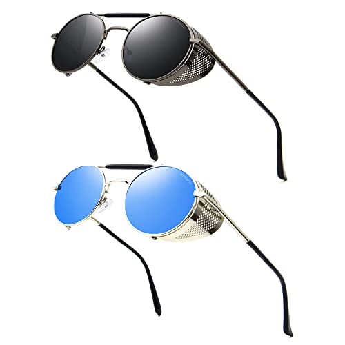 RONSOU Steampunk Style Round Vintage Sunglasses Retro Eyewear UV400 Protection Matel Frame Grey & Blue Lens, A9 2pcs Black Frame Grey Lens + Silver Frame Blue Lens(both Non Polarized), One size