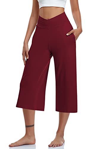 Image of TARSE Womens Casual Wide Leg Yoga Capris Crossover High Waist Capri Pants Loose Soft Pajama Pockets Sweatpants