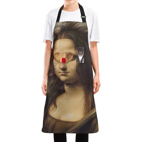 GAIGEO Funny Mona Lisa Painting Women Aprons with Pockets Hairdresser Personalized Chef Kitchen Apron Cooking