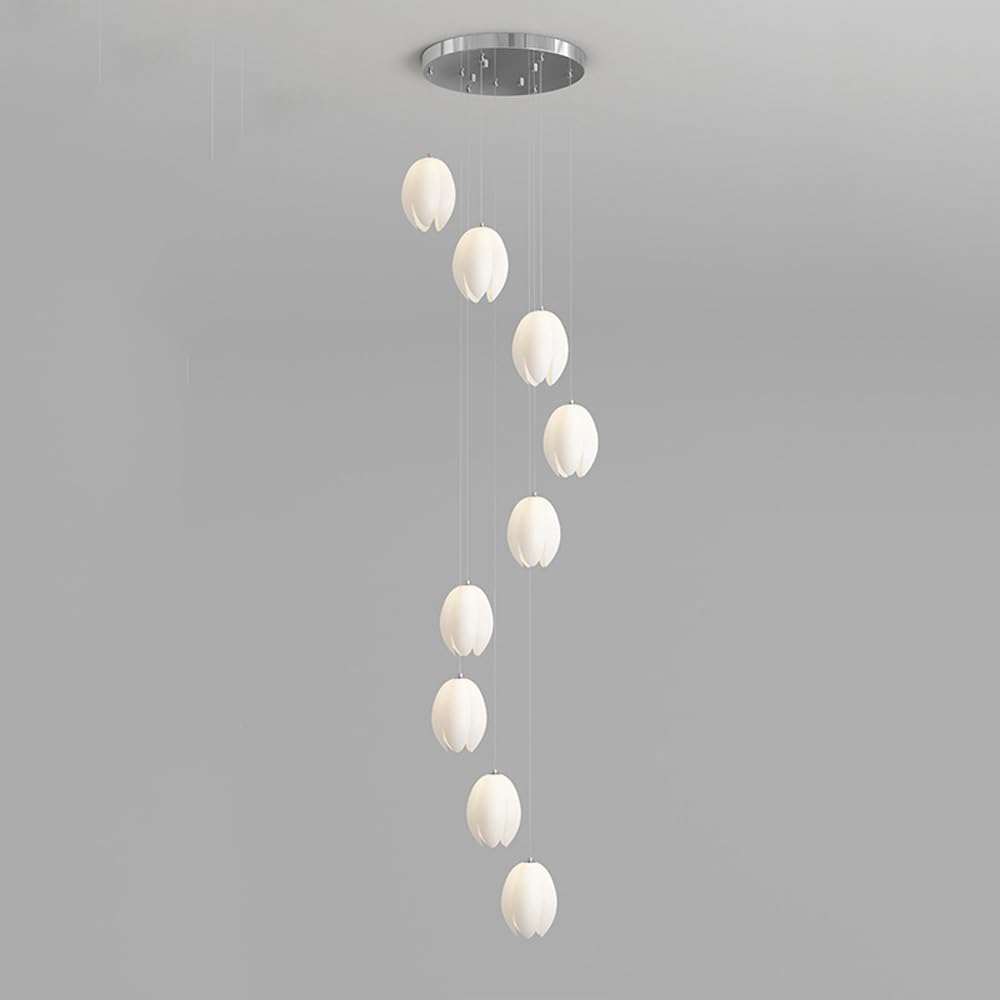 KXEcoLife 6 Lights Foyer Chandeliers Entryway High Ceiling Floral White Flower Light Cluster Long Linear Hanging Chrome Nordic Chandelier for Staircase Stairwell Living Room/