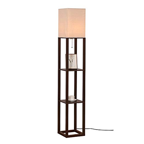 Homefocus - Floor Lamp,Shelf Floor Lamp With Led Bulb,Corner Display Floor Lamp For Living Room,Bedroom And Office,Linen White Shade,Wood,Brown. #TOP6
