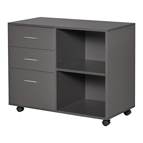 HOMCOM Support d'imprimante Organiseur Bureau Caisson 3 tiroirs + 2 niches + Grand Plateau Panneaux Particules Gris