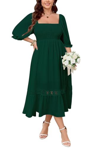 SCOMCHIC Women's Plus Size Maxi Dress Short Sleeve Square Neck Smocked Flowy A-Line Lace Trim Boho Wedding Guest Dresses Emerald Green