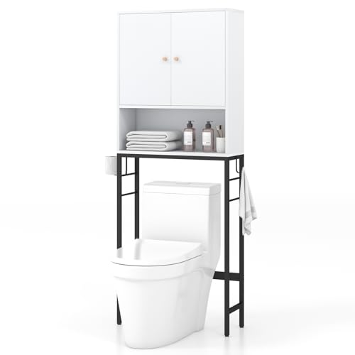 GOPLUS Armario sobre la Mesa del Inodoro, Armario de Baño con Doble Puerta, Compartimento Abierto, Estante Ajustable, Barra Inferior para Lavadero, 63x23x165,5cm (Blanco)