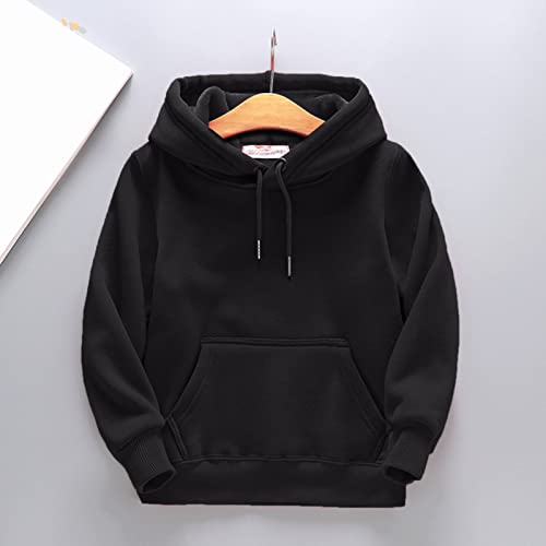 Solid Color Fleece Hoodie for Kids Boys Girls Fall Winter Warm 𝗛ooded Long Sleeve Cowl Neck Pullover (Black, 5-6 Years)2