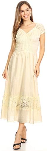 Anna-Kaci Antique Beige Small Size Smocked Waist Summer Maxi Dress Cap Sleeve Boho Gypsy, Beige, Small