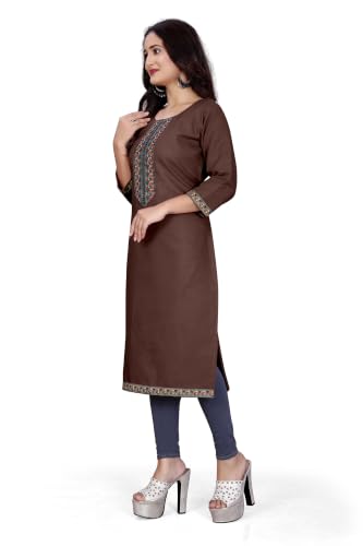 Image of Women A-line Cotton Blend Round Neck 3 /4 Sleeve Embroidered Kurti Only