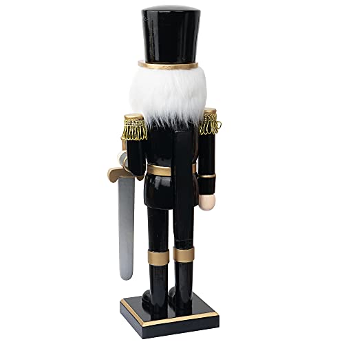 FUNPENY 14\" Christmas Decorative Nutcracker Figures, Wooden Black Soldier in Black Uniform Hold Sword, Festive Collectible Nutcracker Gift for Indoor Winter Table Desktop Fireplace Decorations - Thumbnail 5