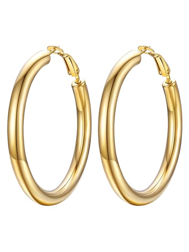 Image of Stainless Steel Chunky Hoop Earrings For Women, Minimalist and Chic, Black /Gold Plated, Round Hoops Earrings Hypoallergenic, Size: 30mm /40mm /60mm /80mm, Come with Box
