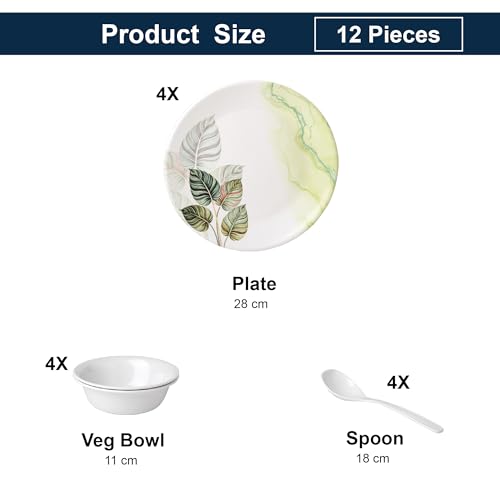 Image of Golden Fish 12 Pieces Dining Set for 4 | Full Plates with Veg Bowls & Eating Spoons Combo | Basic Dinnerware Set for Daily Meals | Lightweight, Easy to Use & Ideal for Home, Hostel & Gifting