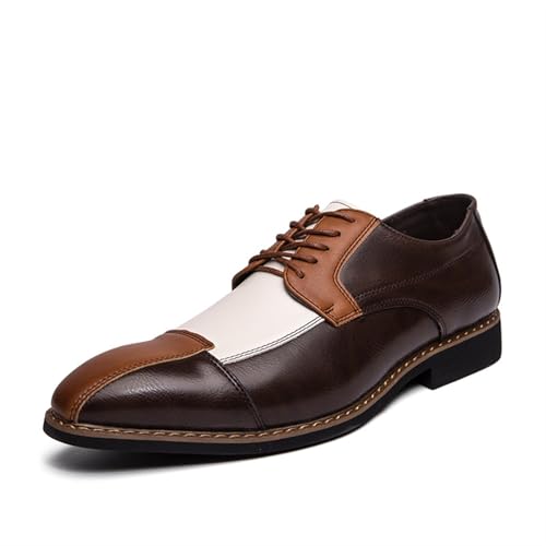 Mens Two Tone Lace Up Oxfords Shoes Fashion Patchwork Multicolor Carved Leather Low Heels Square Toe Dress Shoes Vintage Wing Tips Hand Stitched Colorblock Business Formal Derby Shoes for Men