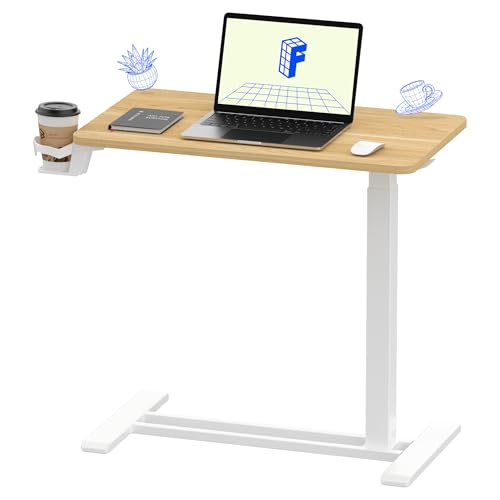 FLEXISPOT H7 Adjustable Overbed Bedside Table with Wheels Pneumatic Mobile Standing Desk Laptop Desk Rolling Computer Cart Movable Overbed Table Hospital Home Use(27.6" W x 15.7" D, Maple Table)