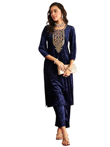 Image of Women's Velvet Floral Embroidered Straight Kurta | Round Neck Three-Quarter Sleeve Calf Length Kurti with Thread Work