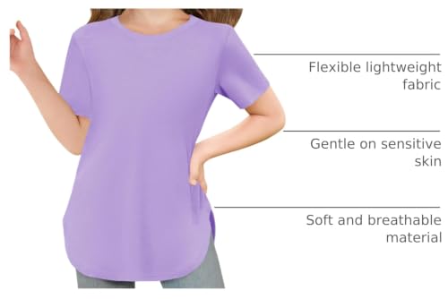Image of Haloumoning Girls Summer Short Sleeve Shirt Kids Crewneck Curve Hem Soft Tunic Tops T-Shirts 5-14 Years